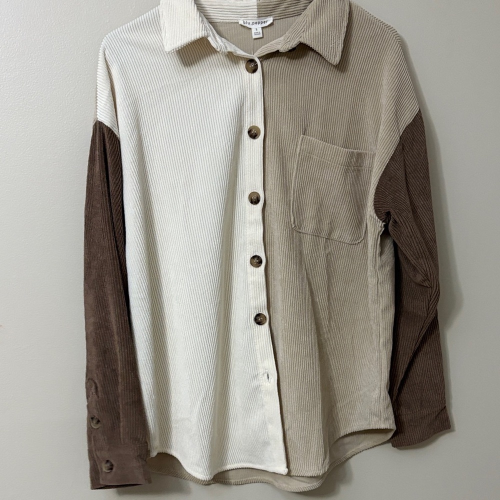 Blu Pepper Two-Tone Corduroy Shirt - Cream and Brown